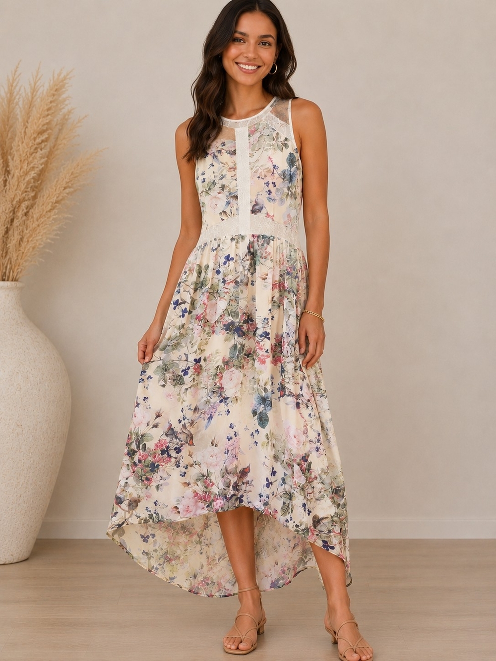ASTR The Label Pemberly Floral Lace Midi Dress Cream Multi Size Large